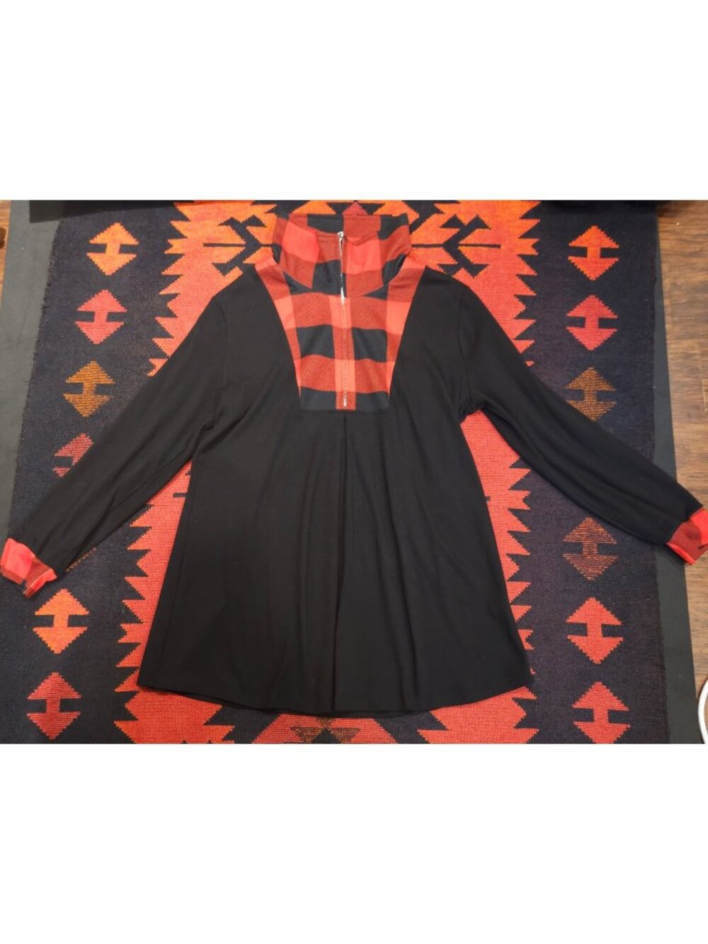 Timeson Women's Black & Red Plaid Quarter Zip Pullover Tunic Size XXL Cotton Ble